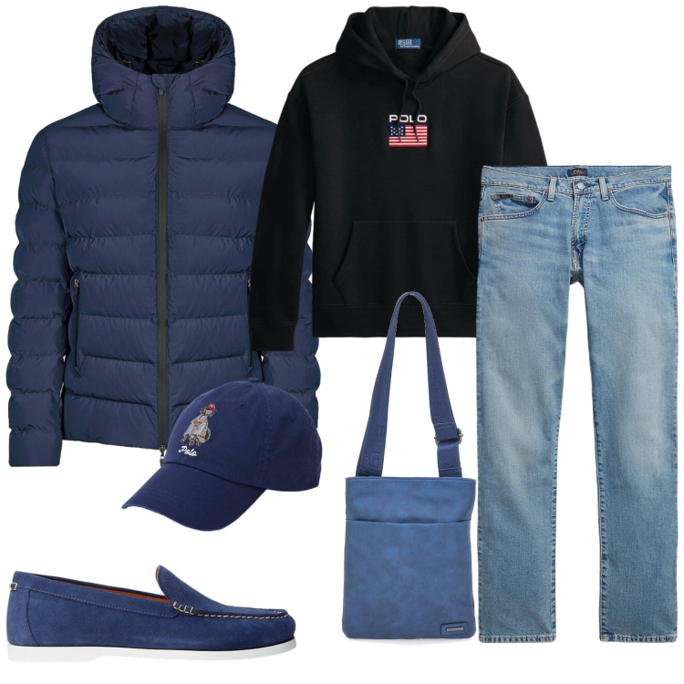 Outfit uomo - Total look #2299922. Stile Trendy per Tutti i giorni. Abbinamento con scarpe stringate, jeans, cappelli, felpe con cappuccio, bomber, portafogli.