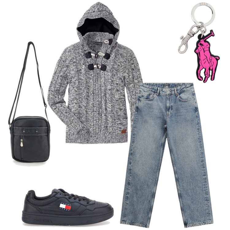 Outfit uomo - Total look #2299924. Stile Urban per Tutti i giorni. Abbinamento con maglieria, jeans dritti, portachiavi, portafogli, sneakers.