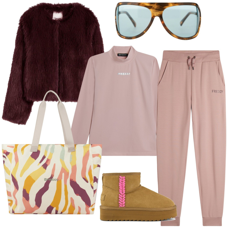 Outfit donna - Look sportivo ed Ecopelliccia. Stile Casual chic per Tutti i giorni. Abbinamento con ecopellicce, occhiali da sole, maglieria, pantaloni, shopping bag, stivaletti.