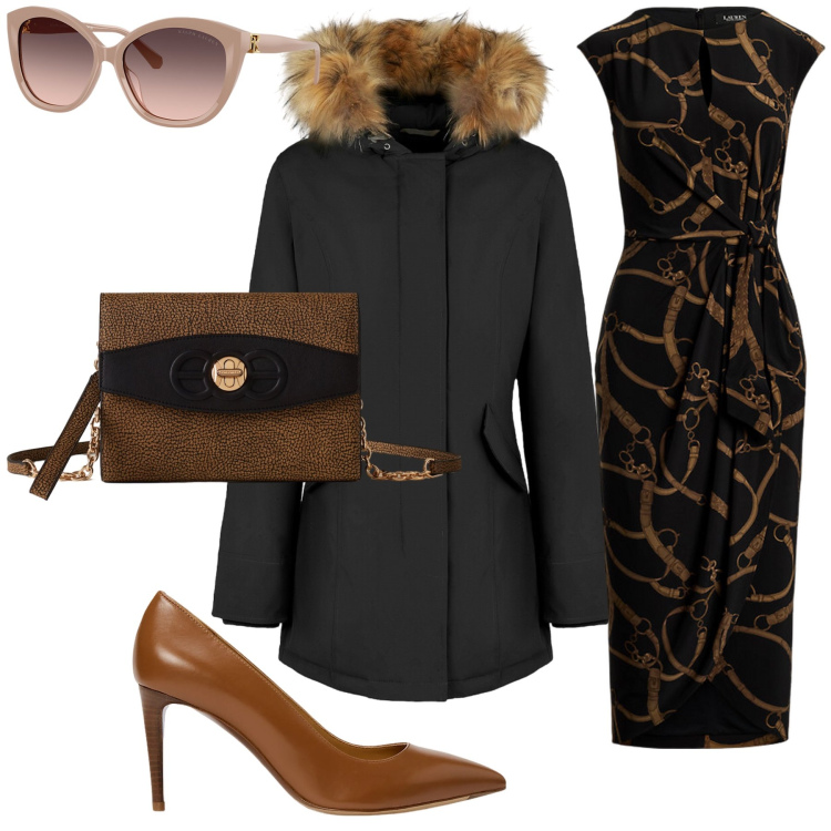 Outfit donna - Cena fra colleghi per auguri. Stile Chic per Ufficio. Abbinamento con borse a tracolla, vestiti, décolleté, occhiali da sole, parka.