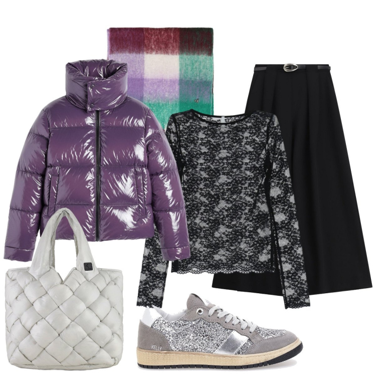 Outfit donna - In città. Stile Glamour per Tutti i giorni. Abbinamento con pantaloni a palazzo, bluse, sciarpe, piumini, borse tote, sneakers.