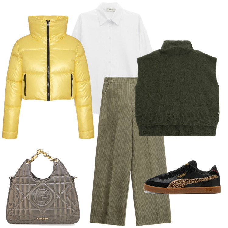 Outfit donna - Verso l\'inverno. Stile Casual per Tutti i giorni. Abbinamento con pantaloni a palazzo, maglieria, camicie, piumini, borse a mano, sneakers.