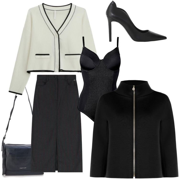 Outfit donna - A cena con i colleghi. per Serata fuori. Abbinamento con body, cappe, cardigans, gonne longuette, décolleté, borse a tracolla.