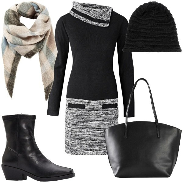 Outfit donna - Winter Looks. Stile Casual chic per Serata fuori. Abbinamento con vestiti, berretti, sciarpe, shopping bag, stivaletti.