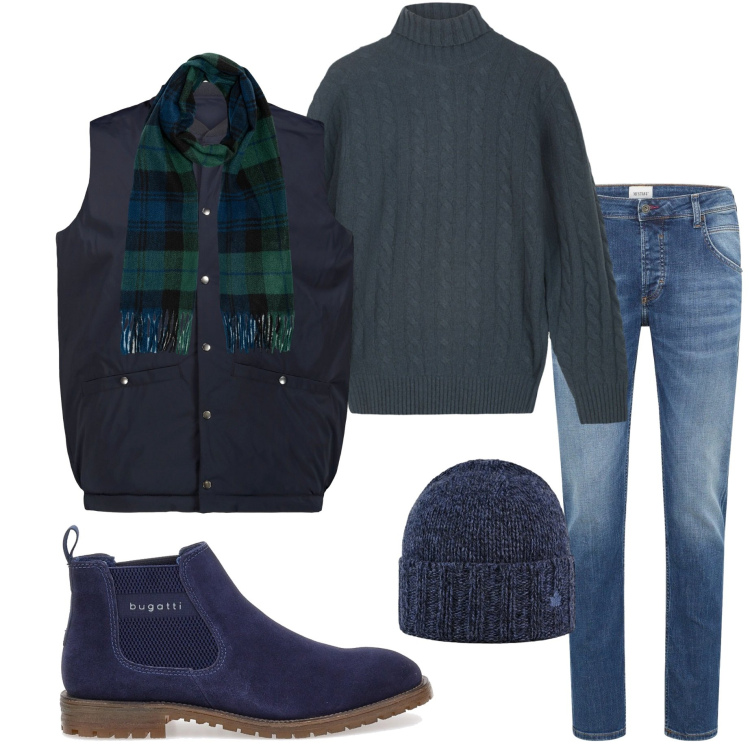 Outfit uomo - Blu notte. Stile Urban per Tutti i giorni. Abbinamento con jeans dritti, cappelli, stivali e stivaletti, sciarpe, piumini, maglieria.
