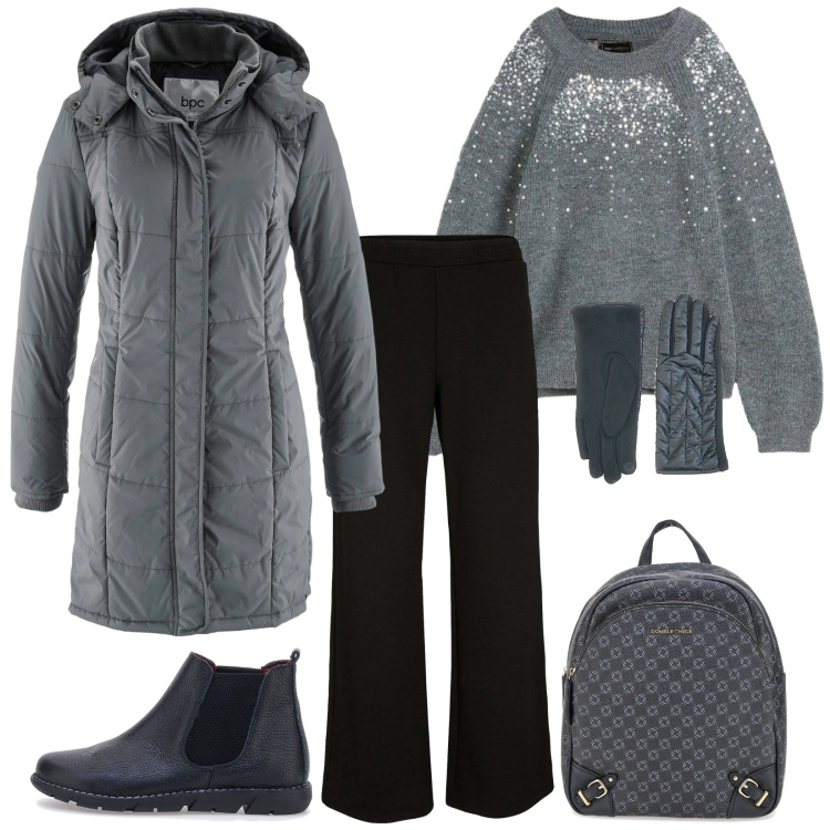 Outfit donna - City. Stile Casual chic per Tutti i giorni. Abbinamento con pantaloni a palazzo, giacche, maglieria, zaini, stivaletti chelsea, guanti.