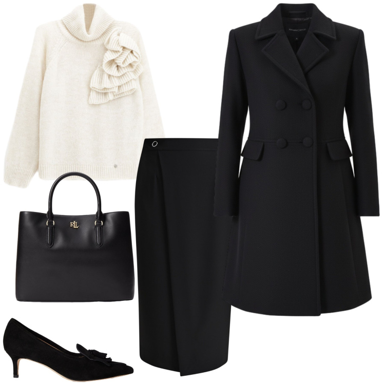 Outfit donna - Calda Eleganza. Stile Chic per Ufficio. Abbinamento con maglieria, gonne, cappotti, borse a mano, décolleté.