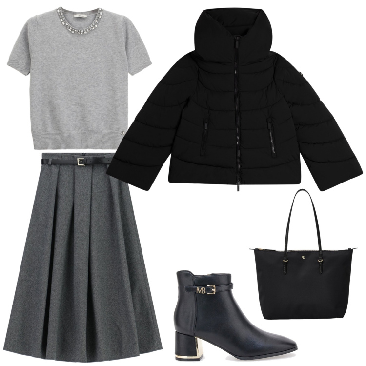 Outfit donna - Look semplice per ufficio. Stile Casual chic per Tutti i giorni. Abbinamento con gonne lunghe, piumini, maglieria, borse tote, stivaletti.
