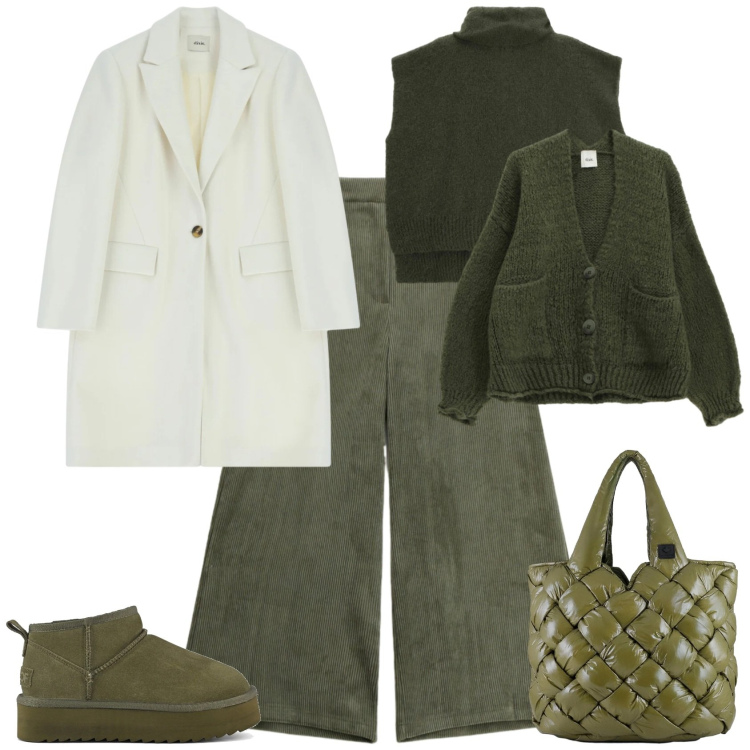 Outfit donna - Casual chic in verde. Stile Casual chic per Tutti i giorni. Abbinamento con pantaloni a palazzo, cardigans, cappotti, maglieria, borse tote, stivaletti.