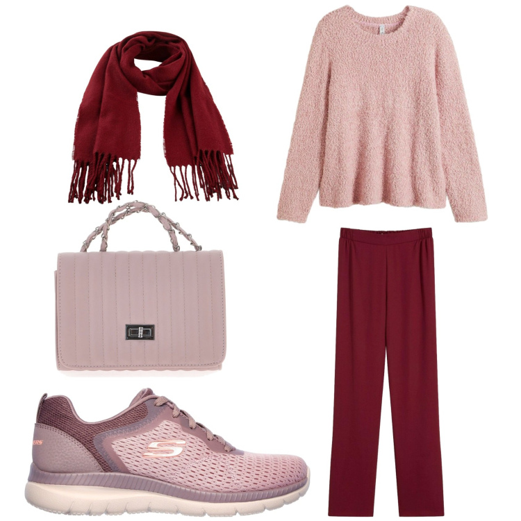 Outfit donna - Inizia il weekend comodo casual. Stile Casual per Tutti i giorni. Abbinamento con maglieria, sciarpe, pantaloni, borse a tracolla, sneakers.