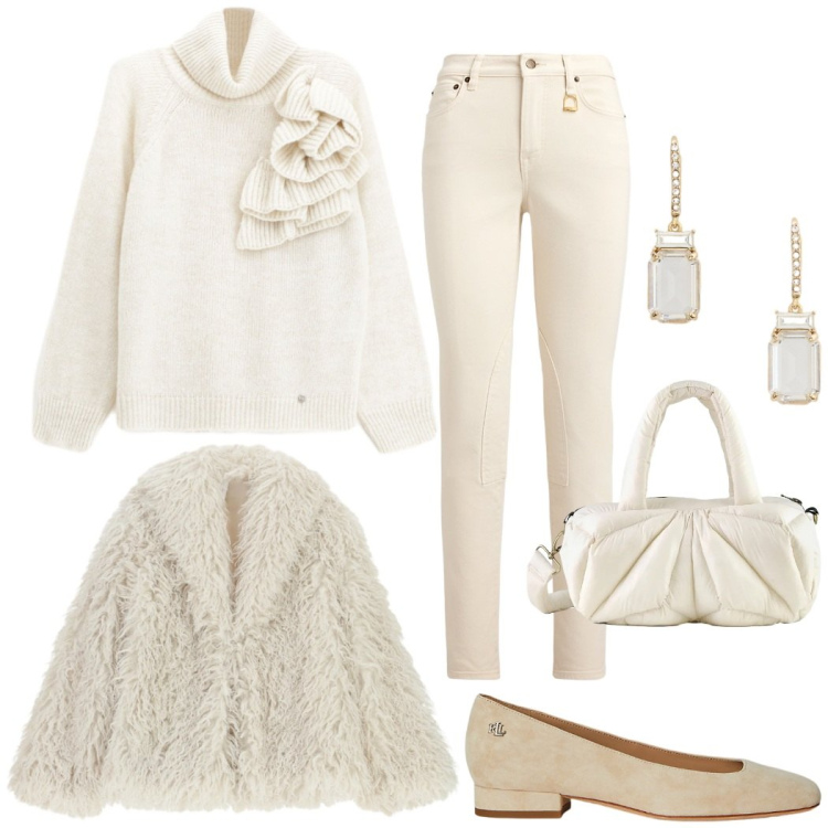 Outfit donna - "Cloud dancer", il colore del 2026. Stile Chic per Serata fuori. Abbinamento con maglieria, ecopellicce, ballerine, jeans skinny, orecchini, borse a mano.