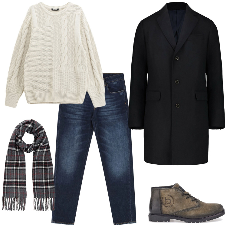 Outfit uomo - Caldo e deciso. Stile Casual per Tutti i giorni. Abbinamento con jeans dritti, maglieria, scarpe stringate, sciarpe, cappotti.