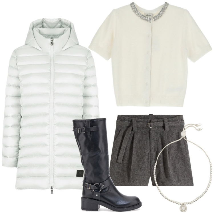 Outfit donna - Total look #2299987. Stile Casual chic per Tutti i giorni. Abbinamento con shorts, cardigans, braccialetti, piumini, stivali.