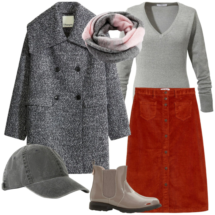 Outfit donna - Vigilia di S.Nicola. Stile Urban per Tutti i giorni. Abbinamento con gonne longuette, cappotti, foulard, cappelli con visiera, stivaletti chelsea, maglieria.