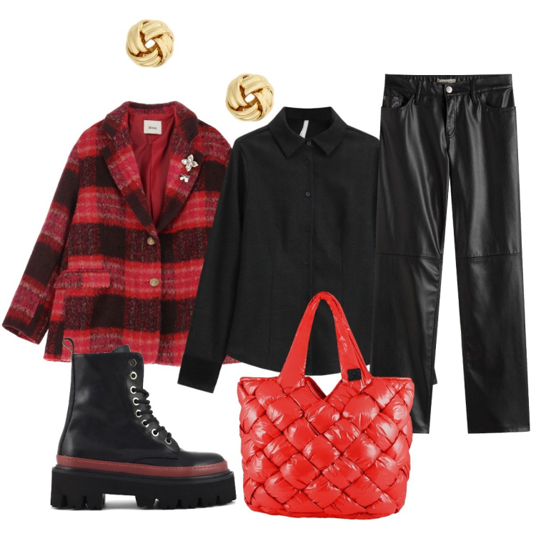 Outfit donna - Il rosso fa Glamour. Stile Glamour per Tutti i giorni. Abbinamento con pantaloni, camicie, blazer, orecchini, borse tote, anfibi.
