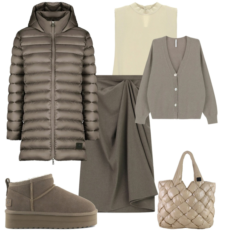 Outfit donna - Casual chic. Stile Casual chic per Tutti i giorni. Abbinamento con gonne longuette, cardigans, top, piumini, borse tote, stivaletti.