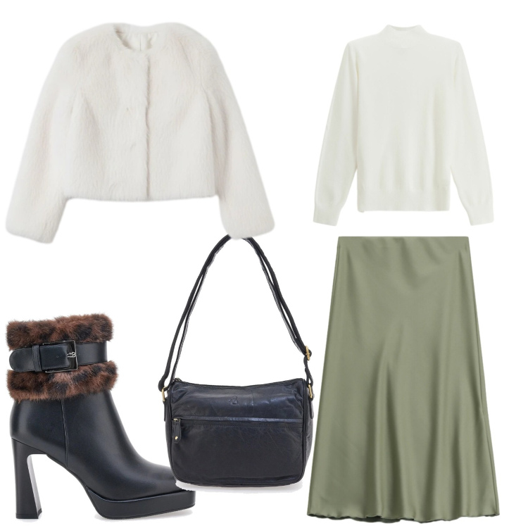Outfit donna - Bianco, nero e verde. Stile Chic per Tutti i giorni. Abbinamento con ecopellicce, maglieria, gonne lunghe, stivaletti, borse a tracolla.