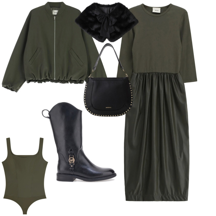 Outfit donna - Minimal in verde. Stile Minimal per Tutti i giorni. Abbinamento con stole, borse a spalla, vestiti midi/longuette, bomber, body, stivaletti.