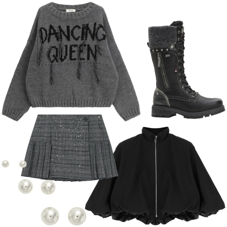 Outfit donna - Preppy style. Stile Preppy per Tutti i giorni. look ideale per Petite. Abbinamento con stivali, minigonne, bomber, maglieria, orecchini.