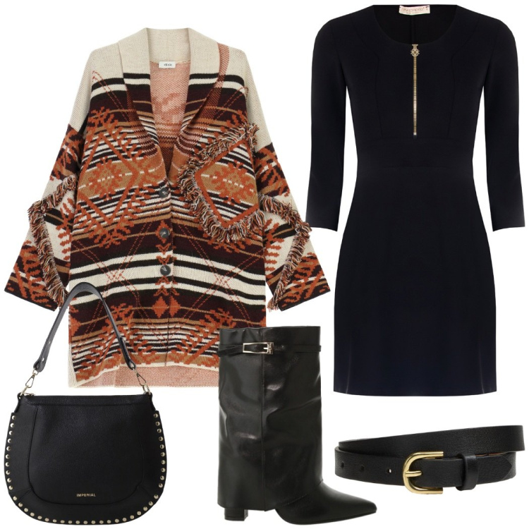 Outfit donna - Il cappotto etnico. Stile Casual chic per Tutti i giorni. Abbinamento con cinture, vestiti, borse a spalla, stivali, cappotti.