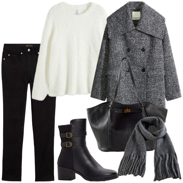 Outfit donna - Total look #2300002. Stile Casual chic per Tutti i giorni. Abbinamento con maglieria, sciarpe, jeans slim fit, cappotti, shopping bag, stivaletti.