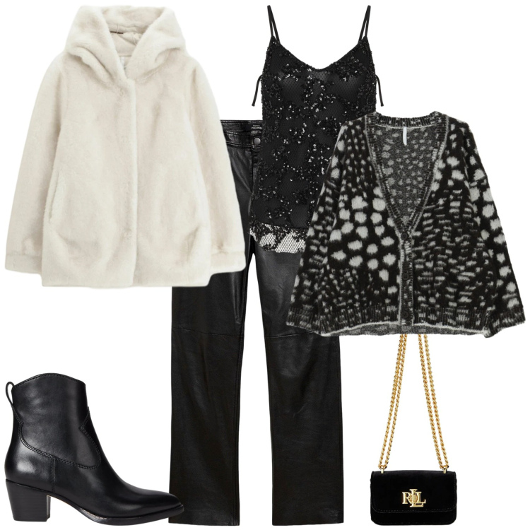 Outfit donna - Trendy serata evento speciale. Stile Trendy per Serata fuori. Abbinamento con pantaloni, canottiere, ecopellicce, cardigans, stivaletti, pochette.