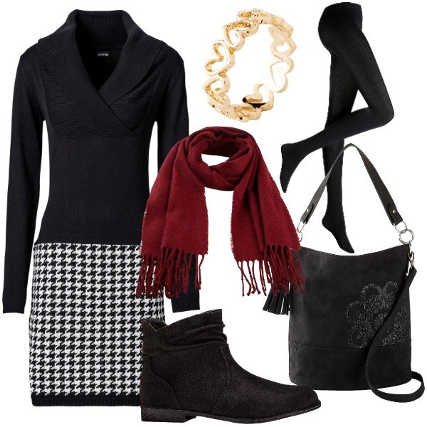 Outfit donna - XMas Mood Winter Looks. Stile Casual chic per Serata fuori. Abbinamento con vestiti, stivaletti, collant, borse a mano, sciarpe, anelli.