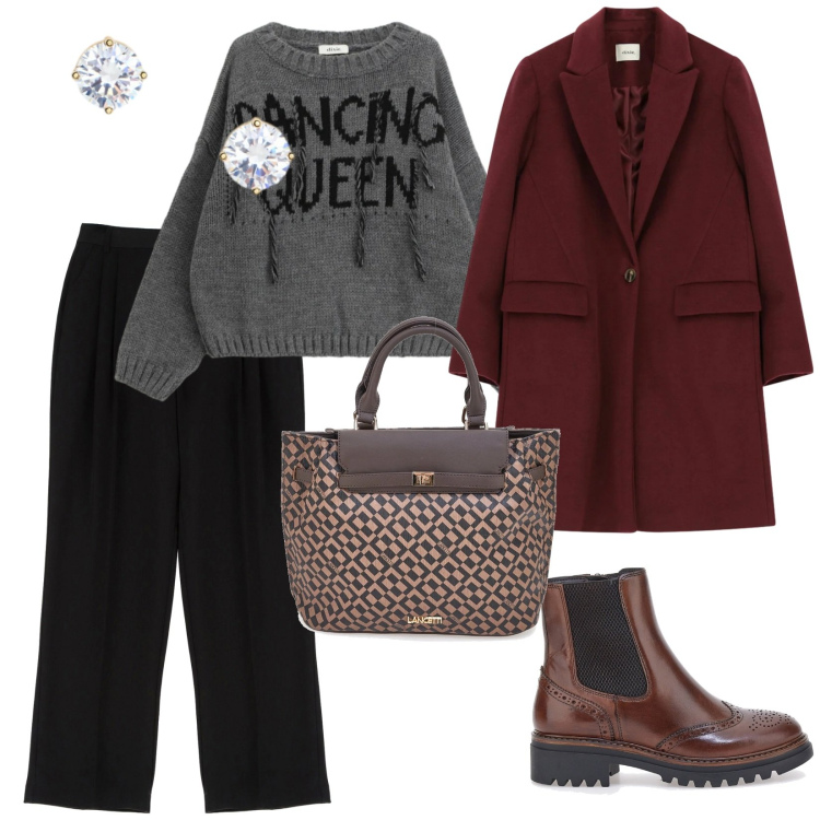 Outfit donna - Dancing Queen. per Tutti i giorni. Abbinamento con pantaloni, maglieria, cappotti, orecchini, stivaletti chelsea, borse a mano.
