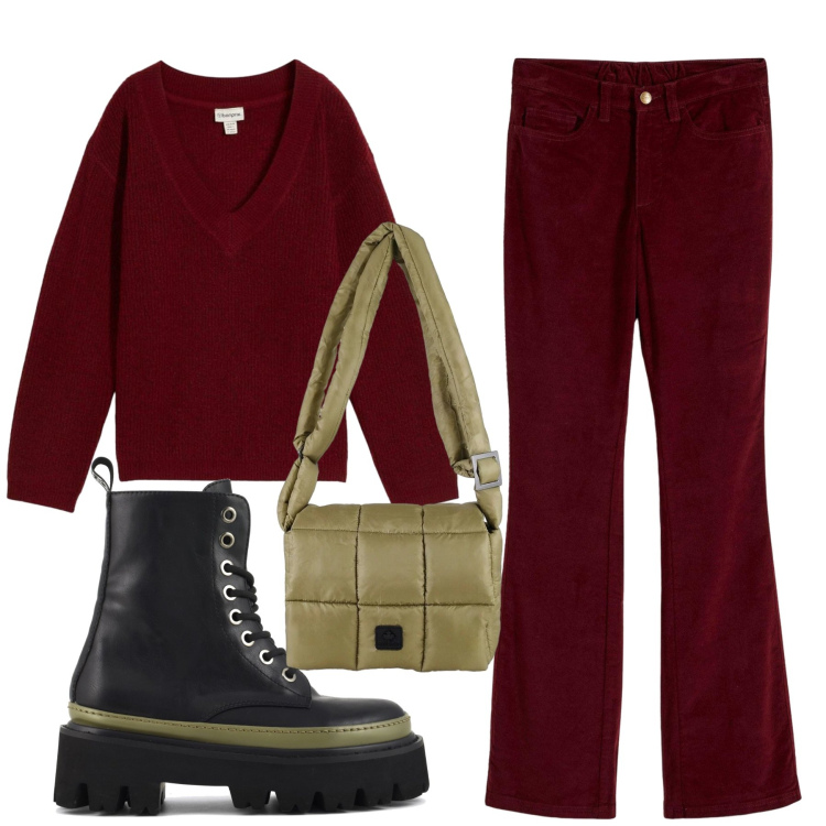 Outfit donna - Total look #2300010. Stile Casual per Tutti i giorni. Abbinamento con maglieria, pantaloni, borse a spalla, anfibi.