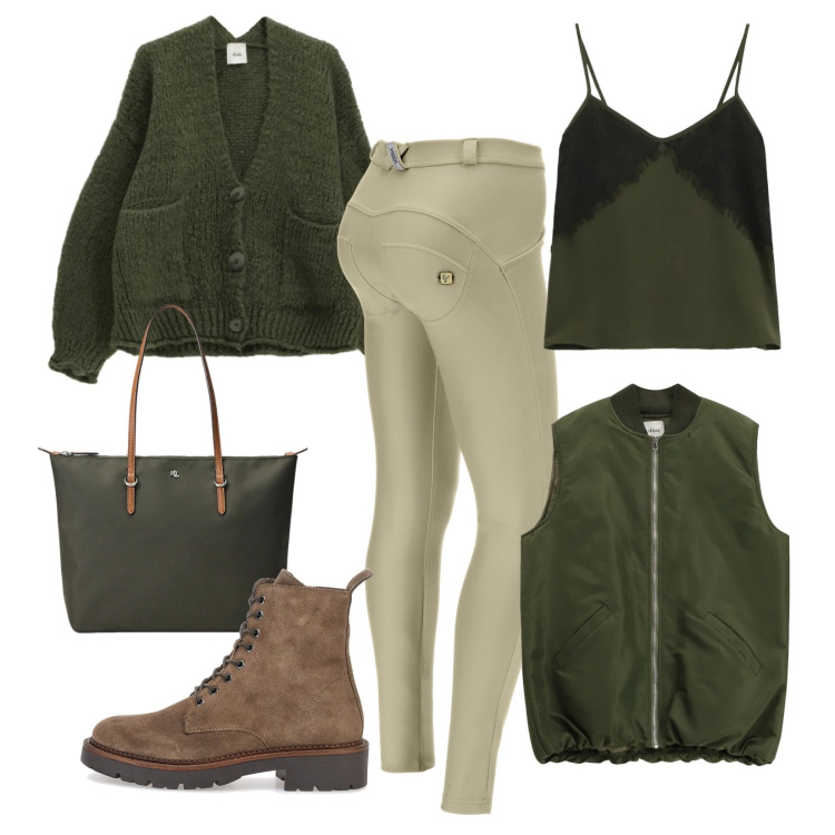 Outfit donna - Verde bosco!. Stile Casual per Tutti i giorni. Abbinamento con pantaloni skinny, piumini, top, cardigans, borse tote, anfibi.