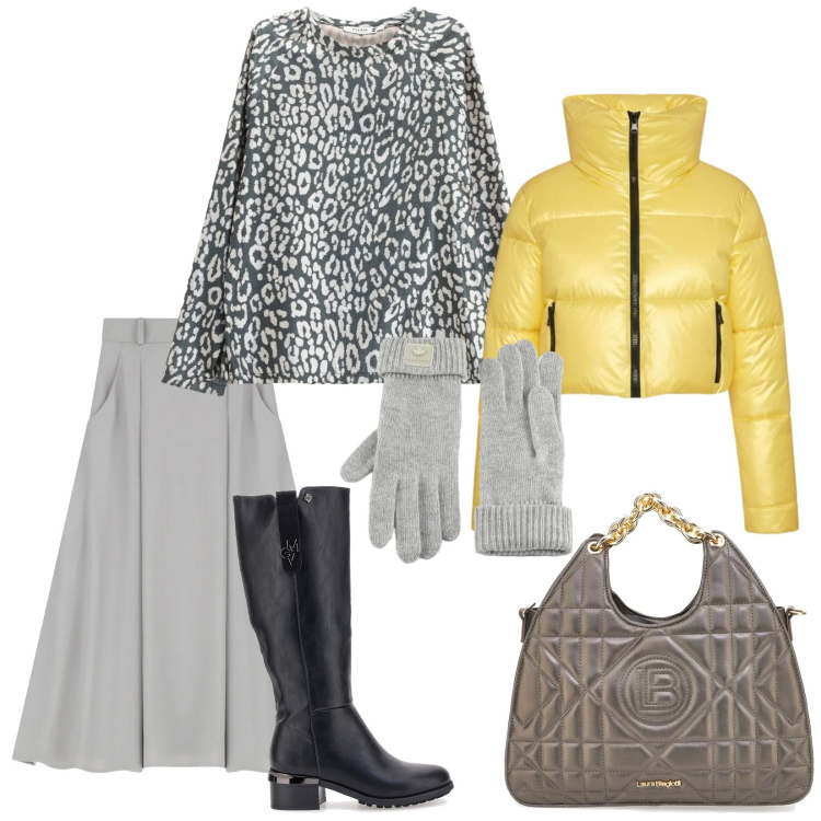 Outfit donna - Un caldo giubbotto. per Tutti i giorni. Abbinamento con maglieria, gonne lunghe, piumini, guanti, stivali sopra il ginocchio, borse a mano.