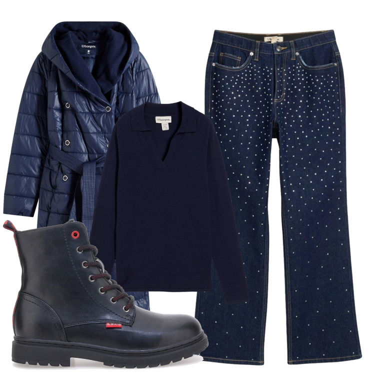 Outfit donna - Total look #2300016. Stile Glamour per Tutti i giorni. Abbinamento con piumini, polo, jeans dritti, anfibi.