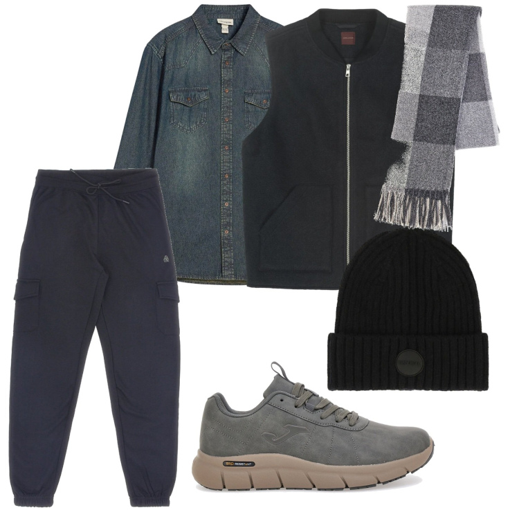 Outfit uomo - Oggi legna. per Tutti i giorni. Abbinamento con camicie, cappelli, sciarpe, sneakers, pantaloni cargo, piumini.