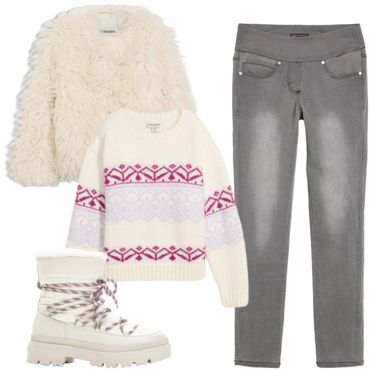 Outfit donna - Total look #2300021. Stile Glamour per Tutti i giorni. Abbinamento con maglieria, jeans dritti, ecopellicce, stivali da neve.