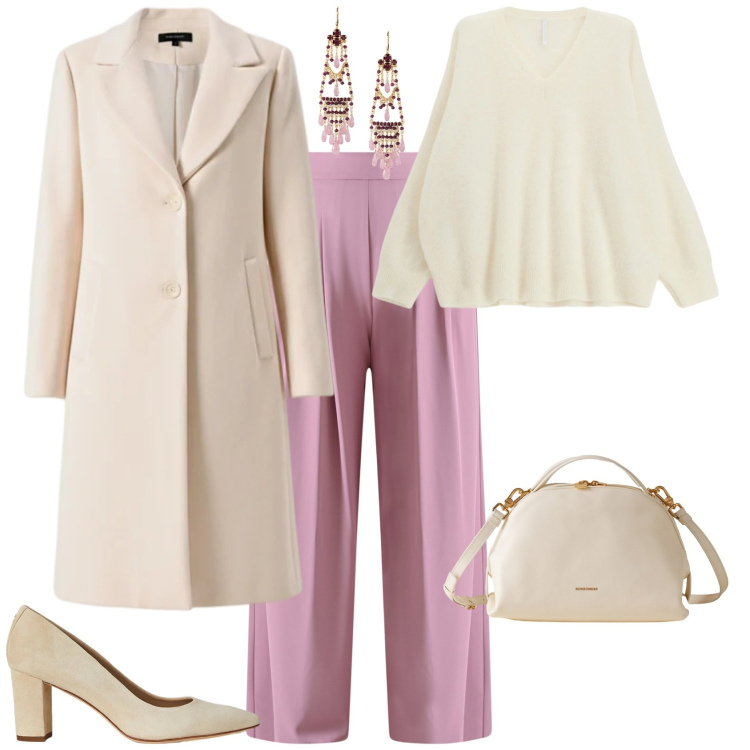 Outfit donna - Chic evento cerimonia serata. Stile Chic per Tutti i giorni. Abbinamento con pantaloni a palazzo, cappotti, maglieria, borse a mano, décolleté, orecchini.