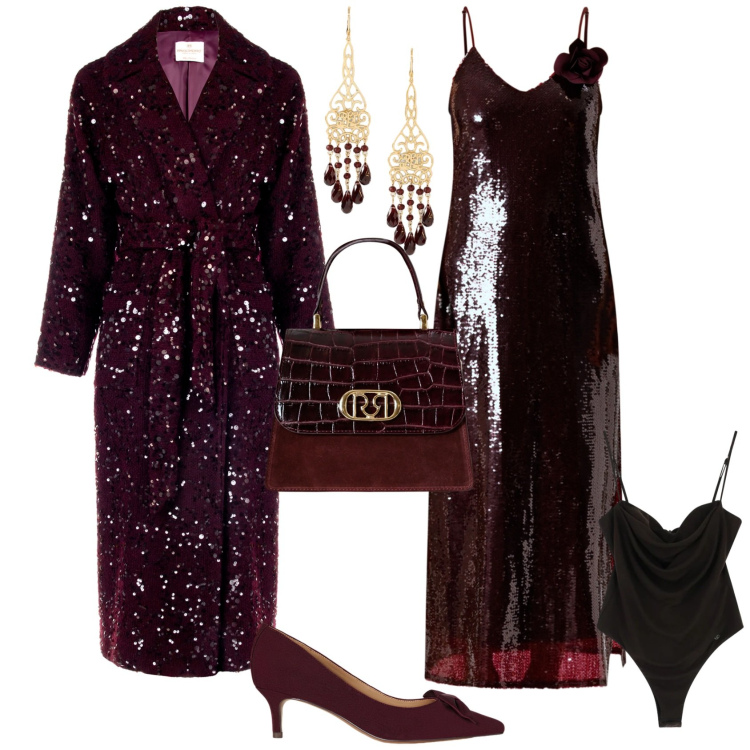 Outfit donna - Evento serata speciale Glamour. Stile Glamour per Serata fuori. Abbinamento con body, cappotti, vestiti midi/longuette, borse a mano, décolleté, orecchini.