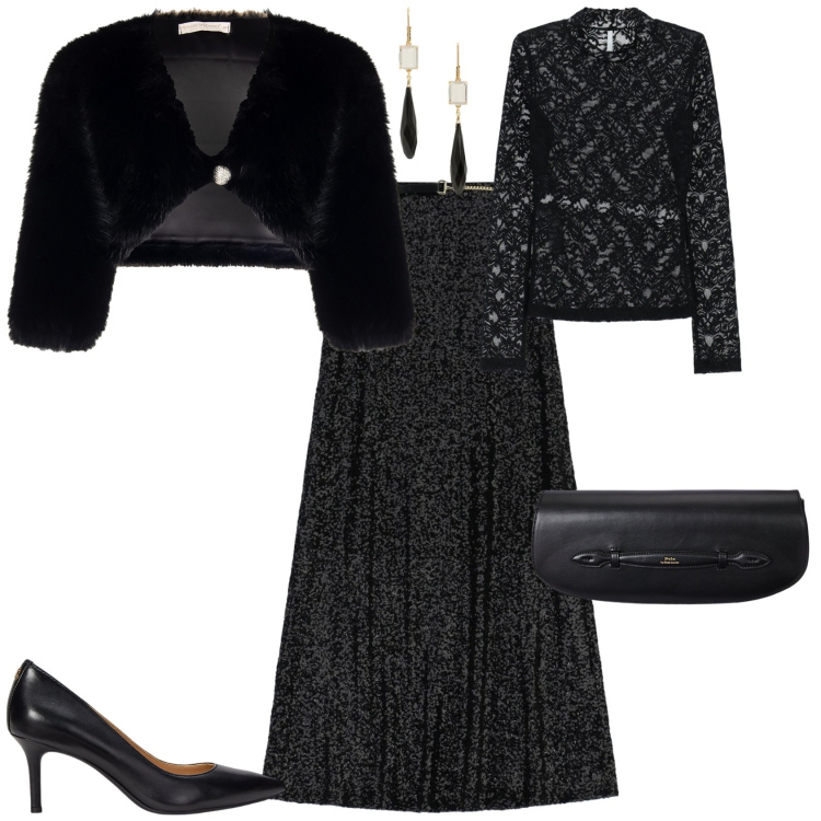 Outfit donna - Evento serata speciale Glamour. Stile Glamour per Serata fuori. Abbinamento con bolero, bluse, gonne lunghe, décolleté, clutch, orecchini.