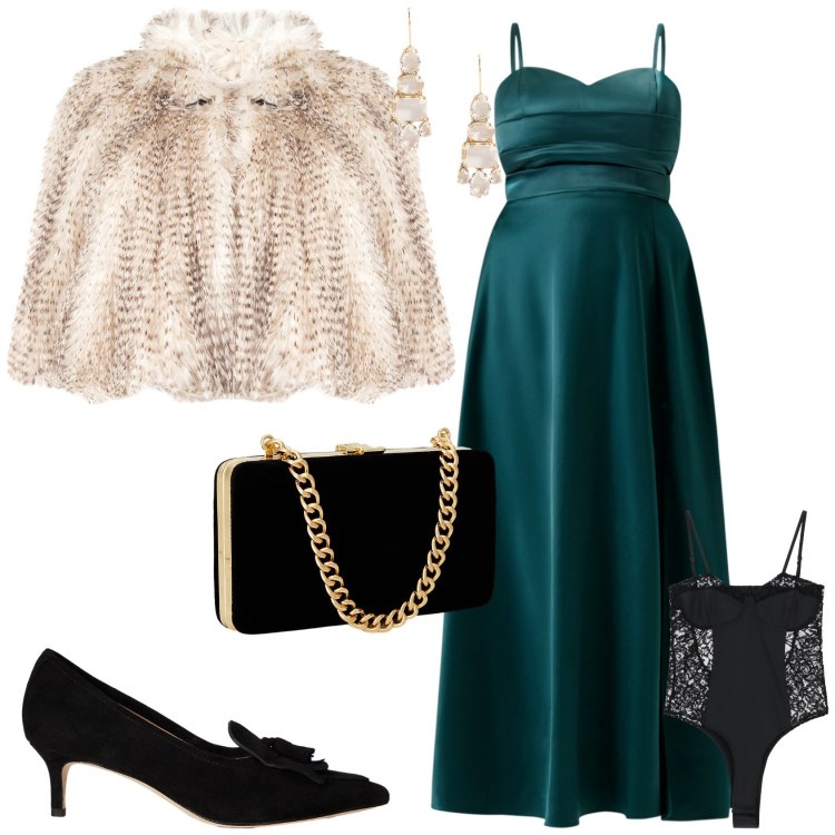 Outfit donna - Evento serata glamour. Stile Glamour per Serata fuori. Abbinamento con vestiti lunghi, ecopellicce, body, orecchini, clutch, décolleté.
