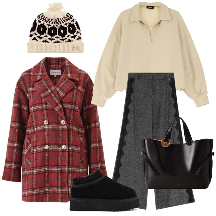 Outfit donna - Happy holidays. Stile Casual chic per Tutti i giorni. Abbinamento con cappotti, shopping bag, pantaloni a palazzo, felpe, berretti, sabot.