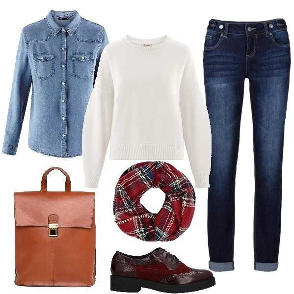 Outfit donna - Basic Denim on Denim. Stile Basic per Tutti i giorni. Abbinamento con jeans boyfriend, scarpe stringate stringate effetto scamosciato con tacco squadrato interno in pelle con punta tonda tinta unita, felpa a giromanica aderente bianco, camicia con taschini in denim con bottoni blu, stola a quadri rosso, zaino con manico e spalline con zip in denim con tasca interna.