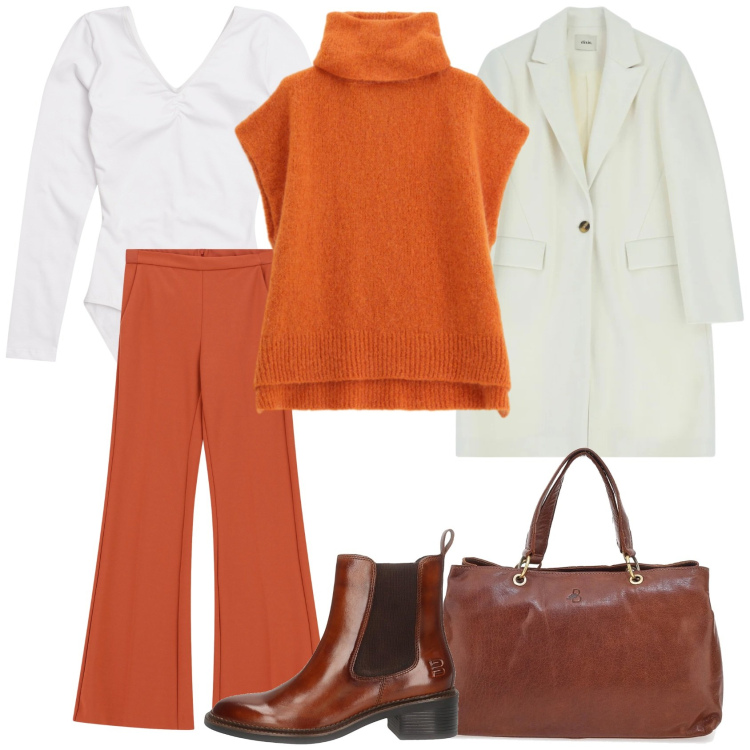 Outfit donna - Total look #2300030. Stile Casual chic per Ufficio. Abbinamento con pantaloni, maglieria, cappotti, body, borse a tracolla, stivaletti chelsea.