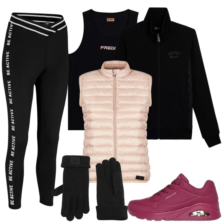 Outfit donna - Sport in Inverno. Stile Sporty chic per Sport. Abbinamento con leggings, top sportivi, felpe sportive, piumini, guanti, sneakers.