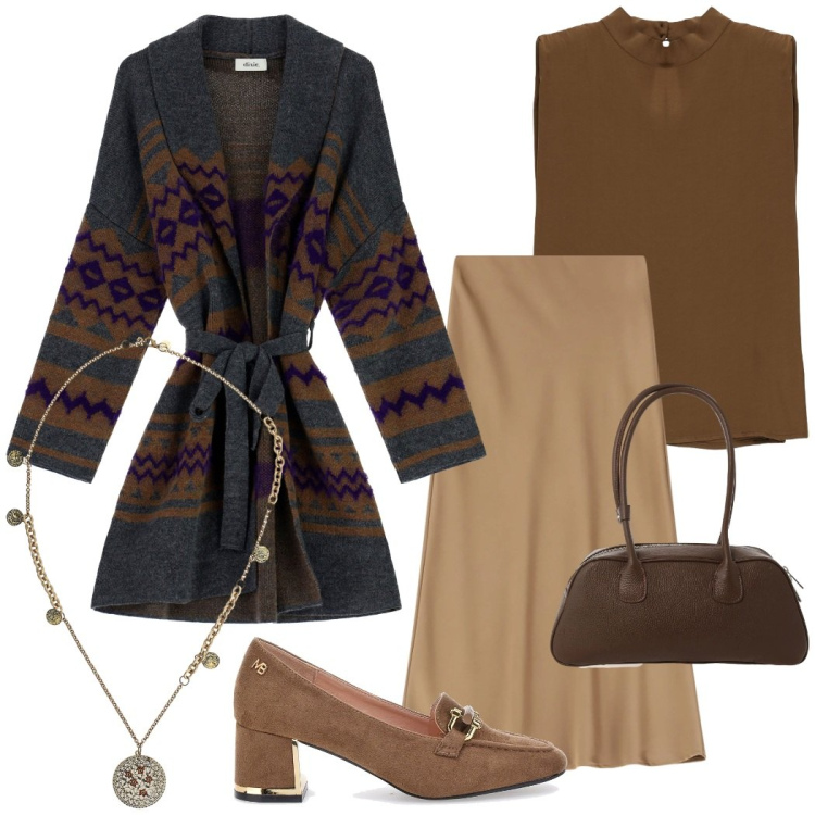 Outfit donna - Giorni di festa con gli amici. Stile Chic per Serata fuori. Abbinamento con top, cappotti, gonne lunghe, borse a mano, ciondoli, mocassini.