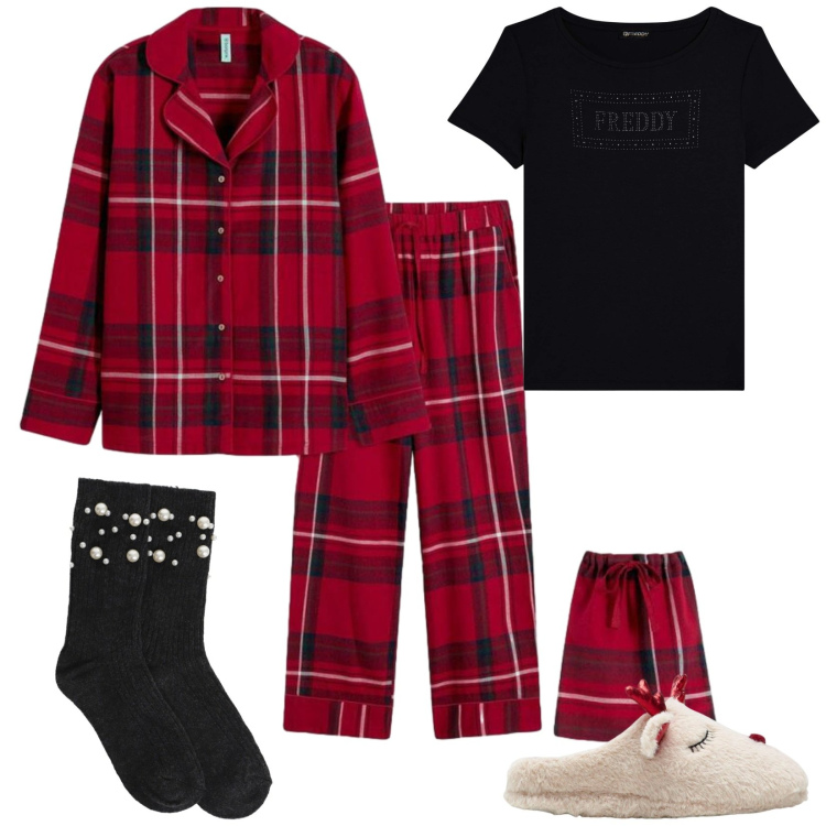 Outfit donna - Un pigiama scozzese. Stile Basic per Tutti i giorni. Abbinamento con pigiama, pantofole, t-shirt, calzini.