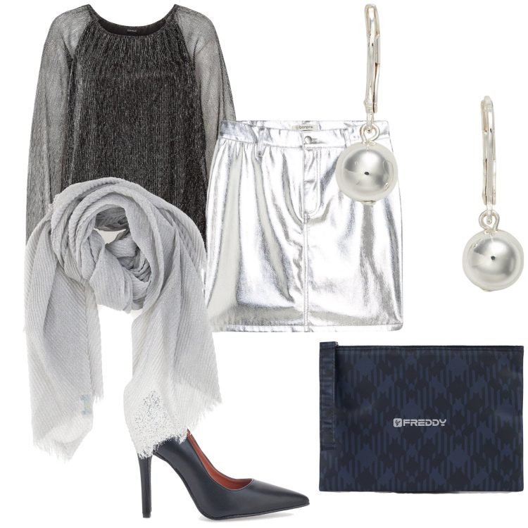 Outfit donna - La mini argento. Stile Sexy per Serata fuori. Abbinamento con maglieria, minigonne, clutch, orecchini, décolleté, foulard.