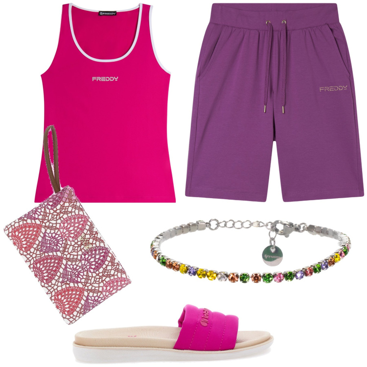 Outfit donna - La mia calda casa tutta colorata. Stile Basic per Tutti i giorni. Abbinamento con canottiere, bermuda, braccialetti, ciabatte, pochette.