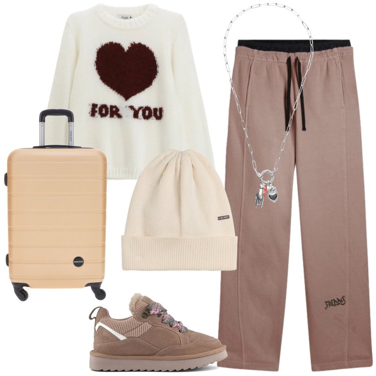 Outfit donna - Mini viaggio per questo weekend. Stile Casual chic per Tutti i giorni. Abbinamento con pullovers, pantaloni, ciondoli, berretti, sneakers alte, valigie.