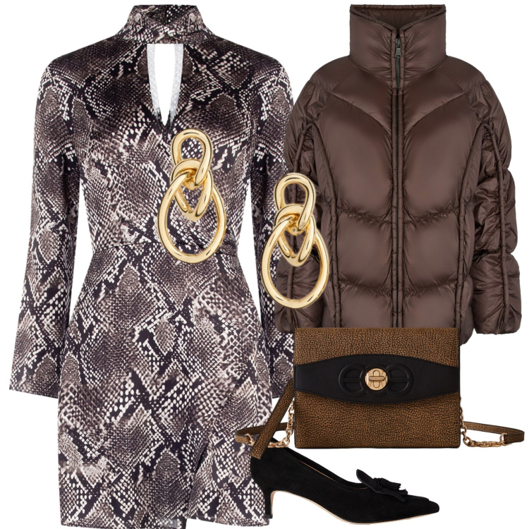 Outfit donna - Elegantissima alla riunione. Stile Chic per Ufficio. Abbinamento con vestiti corti, borse a tracolla, décolleté, orecchini, piumini.