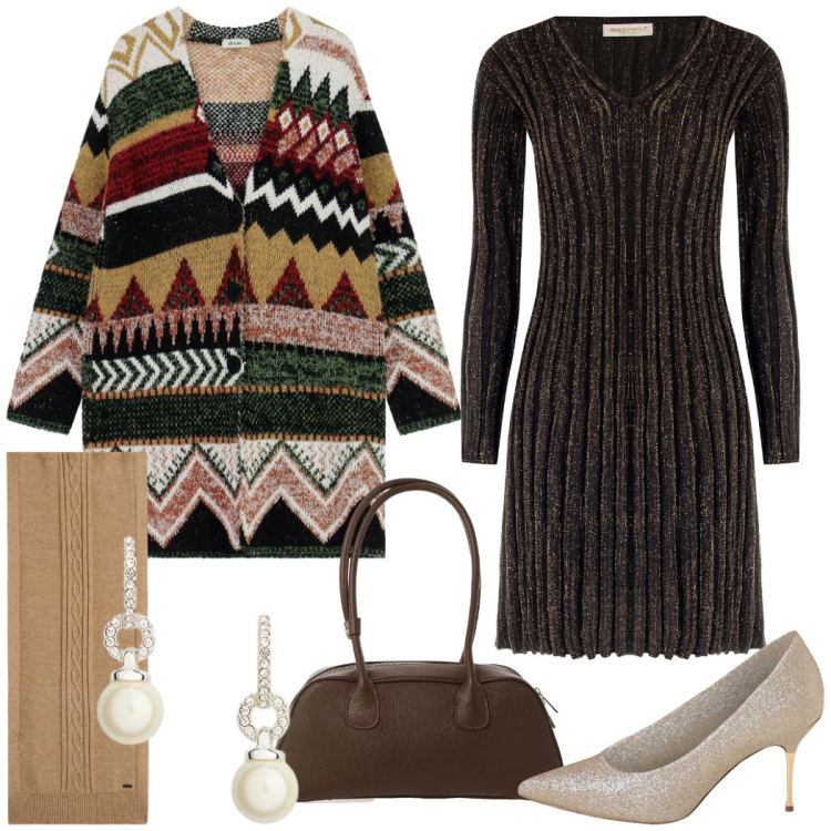 Outfit donna - Pranzo di Natale. Stile Chic per Cerimonia. Abbinamento con vestiti corti, décolleté, sciarpe, cappotti, borse a mano, orecchini.