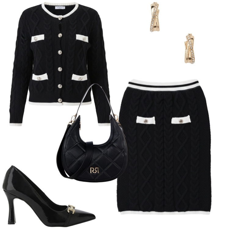 Outfit donna - Bon Ton ufficio. Stile Bon Ton per Ufficio. Abbinamento con borse a tracolla, cardigans, minigonne, décolleté, orecchini.